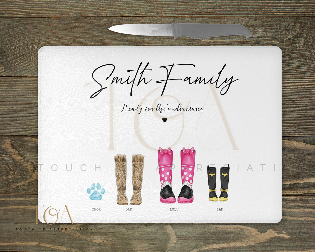 Personalised Family Welly Boot Glass Chopping Board