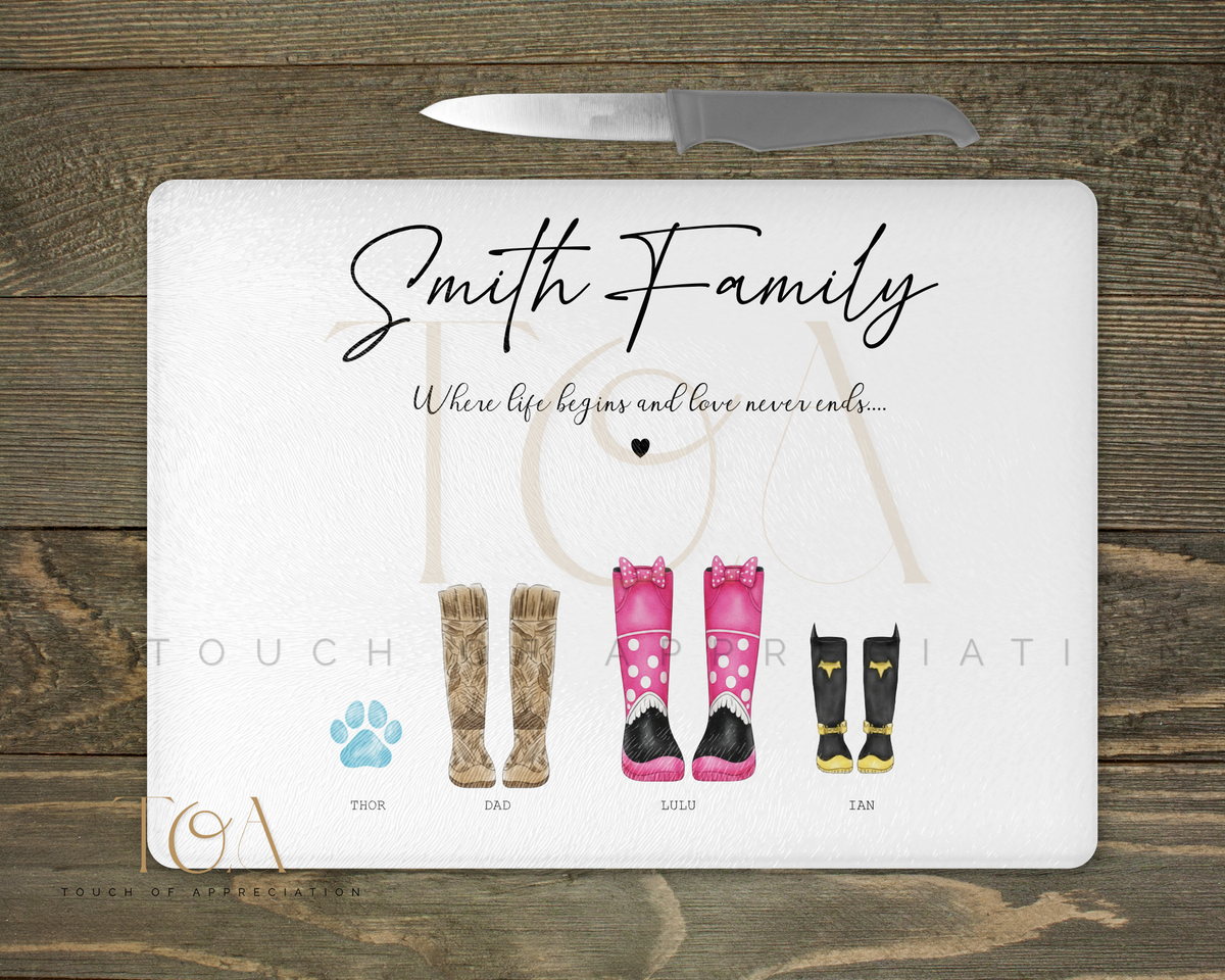 Personalised Family Welly Boot Glass Chopping Board